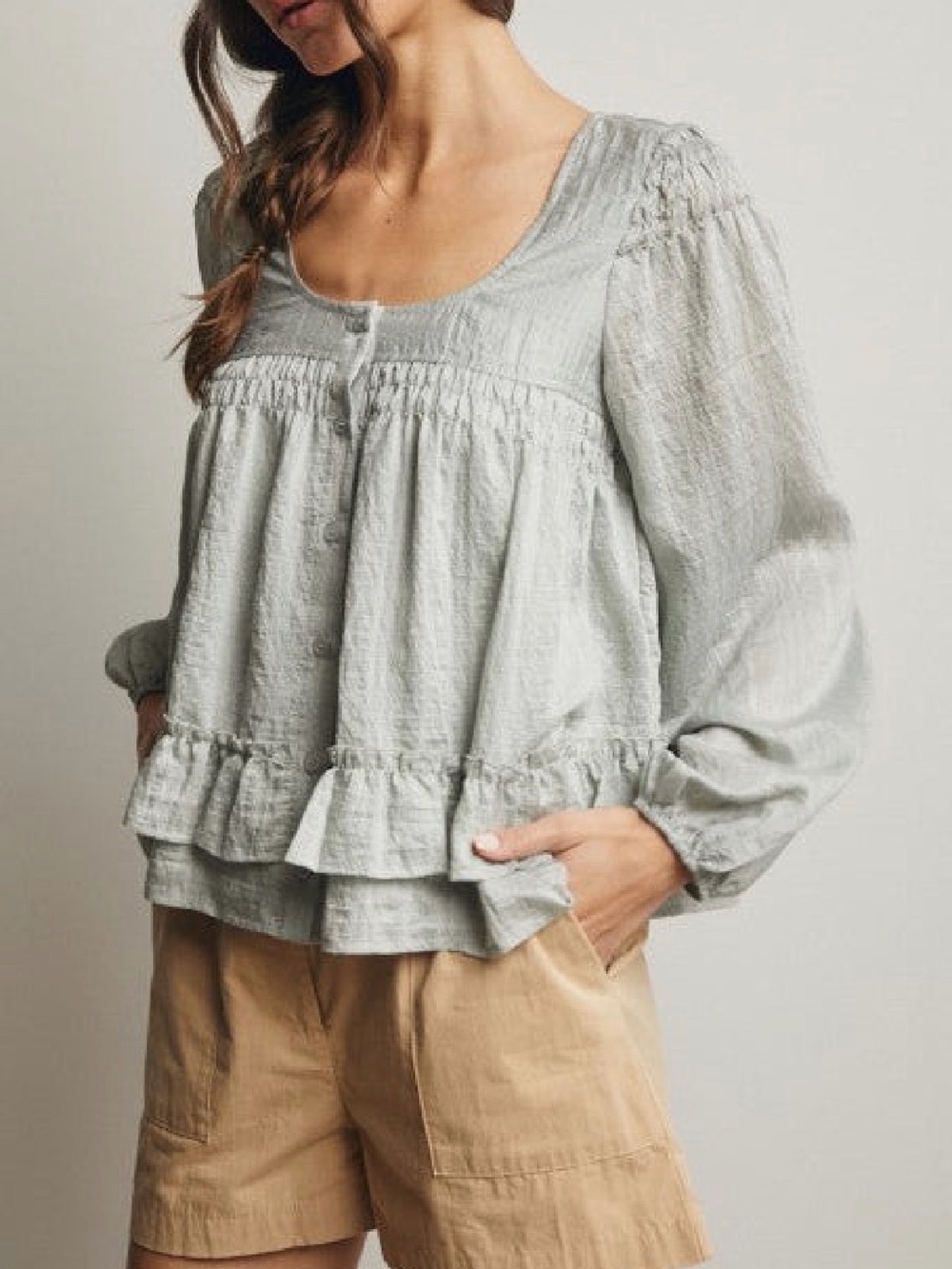 Light Sage Ruffled Peasant Top - Women's Loose Scoop Neck Blouse